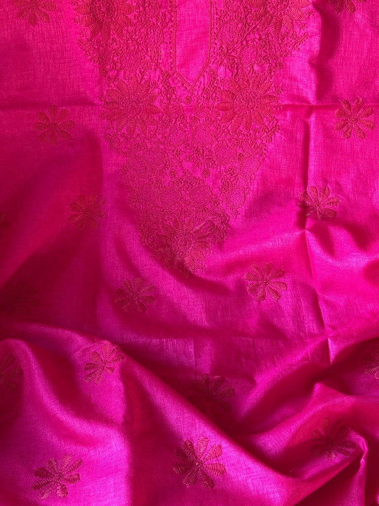 Fuchsia silk Chikankari kurta piece