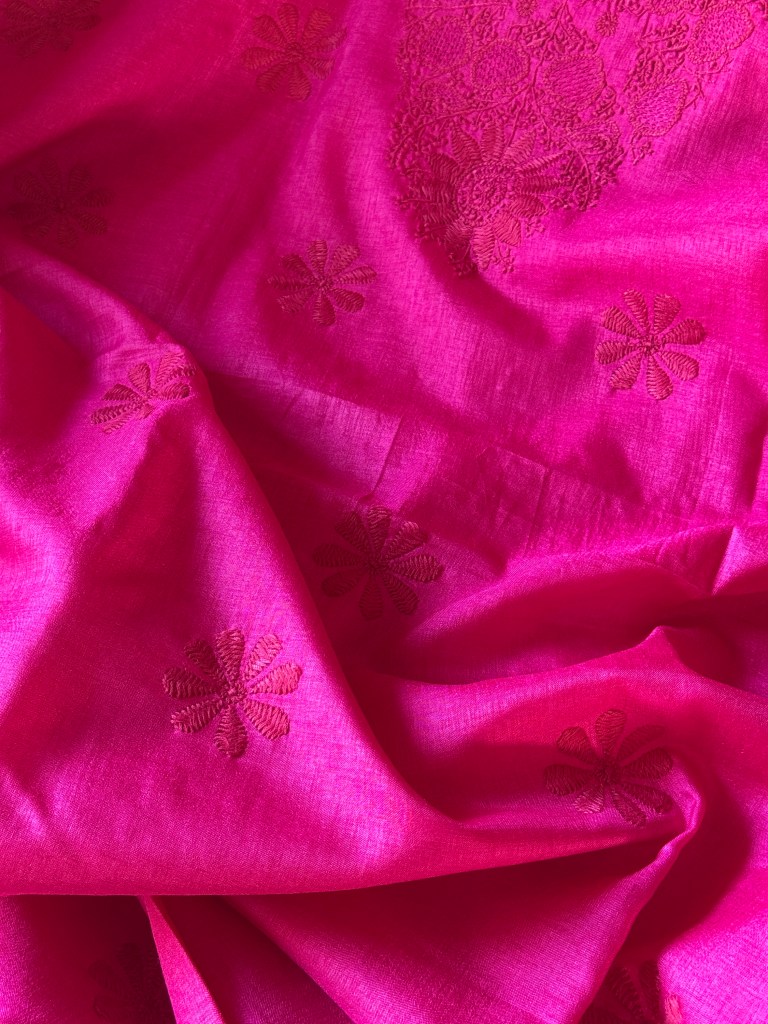 Fuchsia silk Chikankari kurta piece