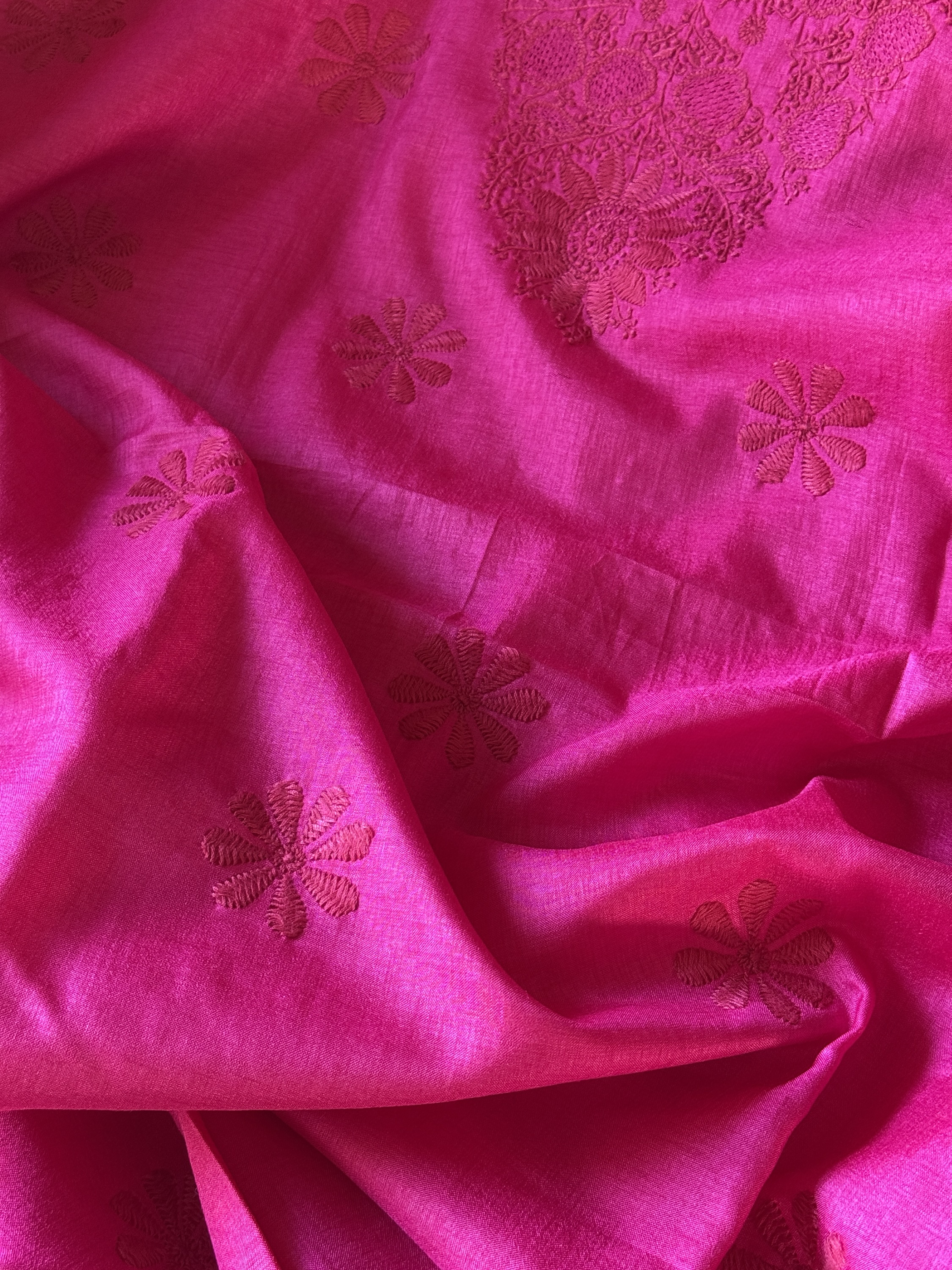 Fuchsia silk Chikankari kurta piece - Image 3