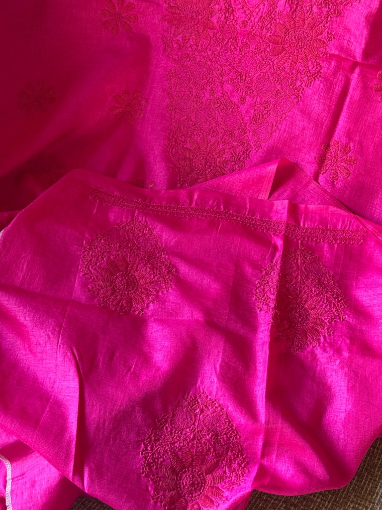 Fuchsia silk Chikankari kurta piece