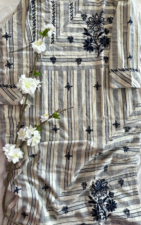 Indigo dual stripe kala cotton Chikankari kurti