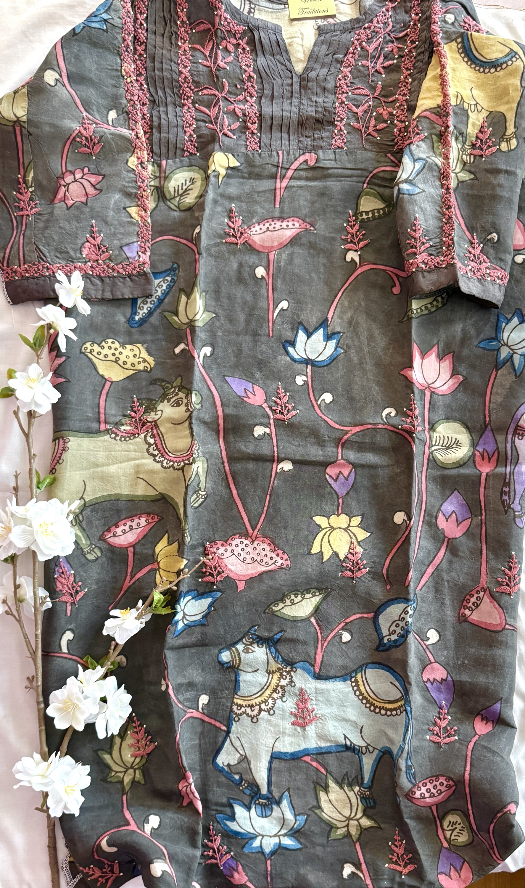 Grey pure Muga silk handmade Kalamkari semi-stitched Chikankari kurti - Image 1