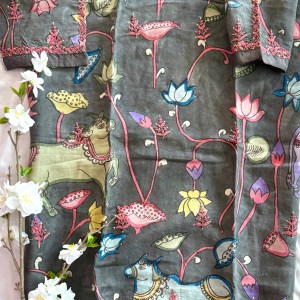 Grey pure Muga silk handmade Kalamkari semi-stitched Chikankari kurti - Image 4