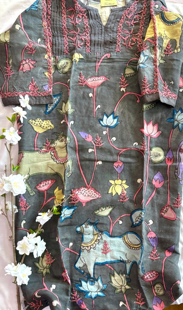 Grey pure Muga silk handmade Kalamkari semi-stitched Chikankari kurti