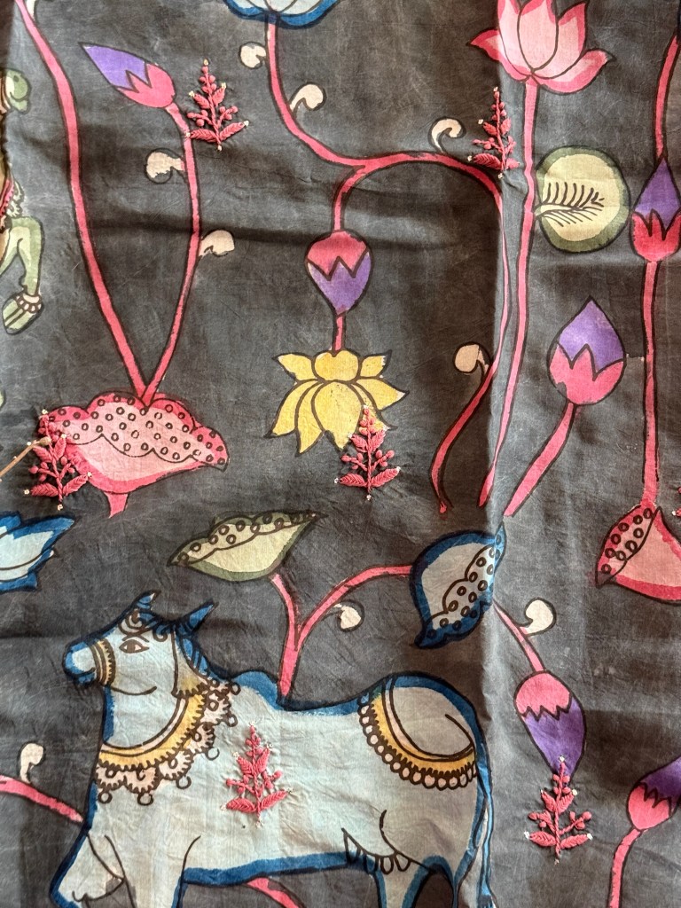 Grey pure Muga silk handmade Kalamkari semi-stitched Chikankari kurti