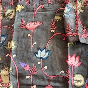 Grey pure Muga silk handmade Kalamkari semi-stitched Chikankari kurti - Image 3