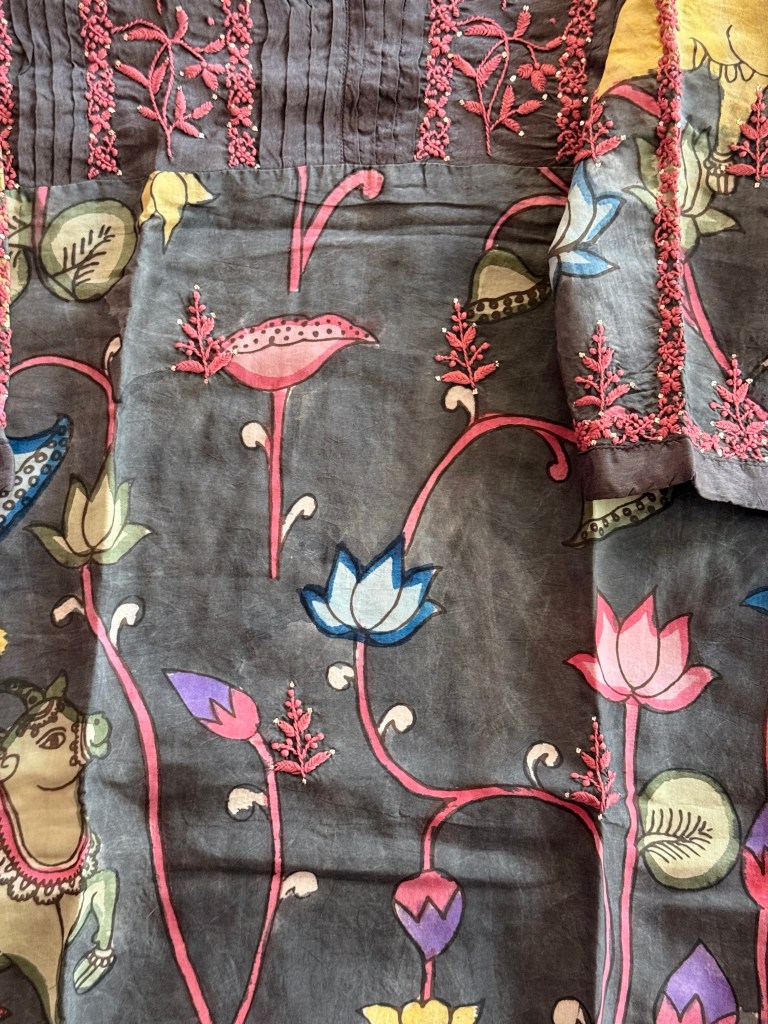 Grey pure Muga silk handmade Kalamkari semi-stitched Chikankari kurti
