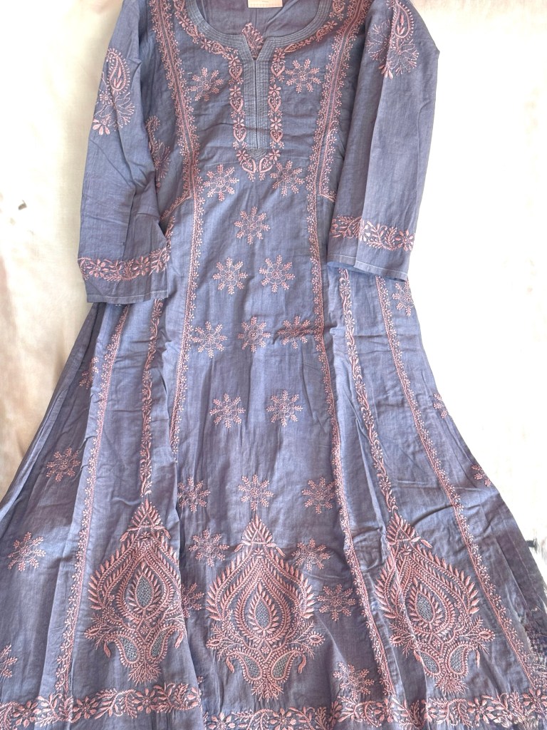 Grey & pink A-line pure cotton kurti