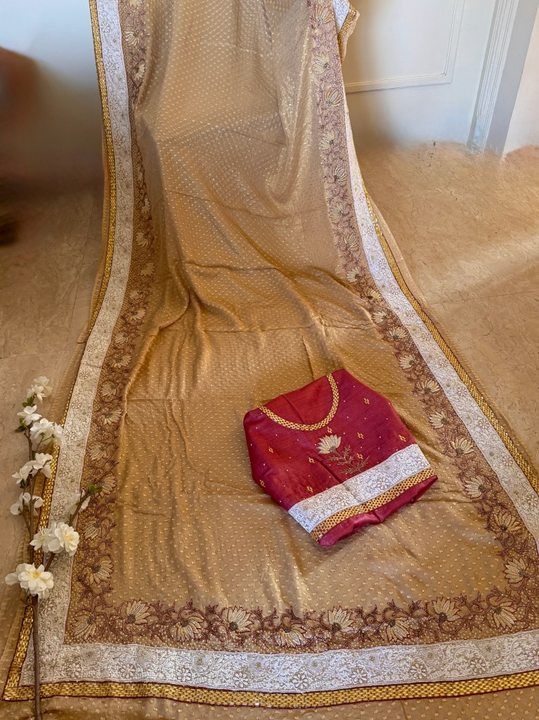 Antique gold jacquard pure georgette saree & red pure silk blouse with handcrafted chikankari & rich zardozi work - ‘a master craftsman piece’