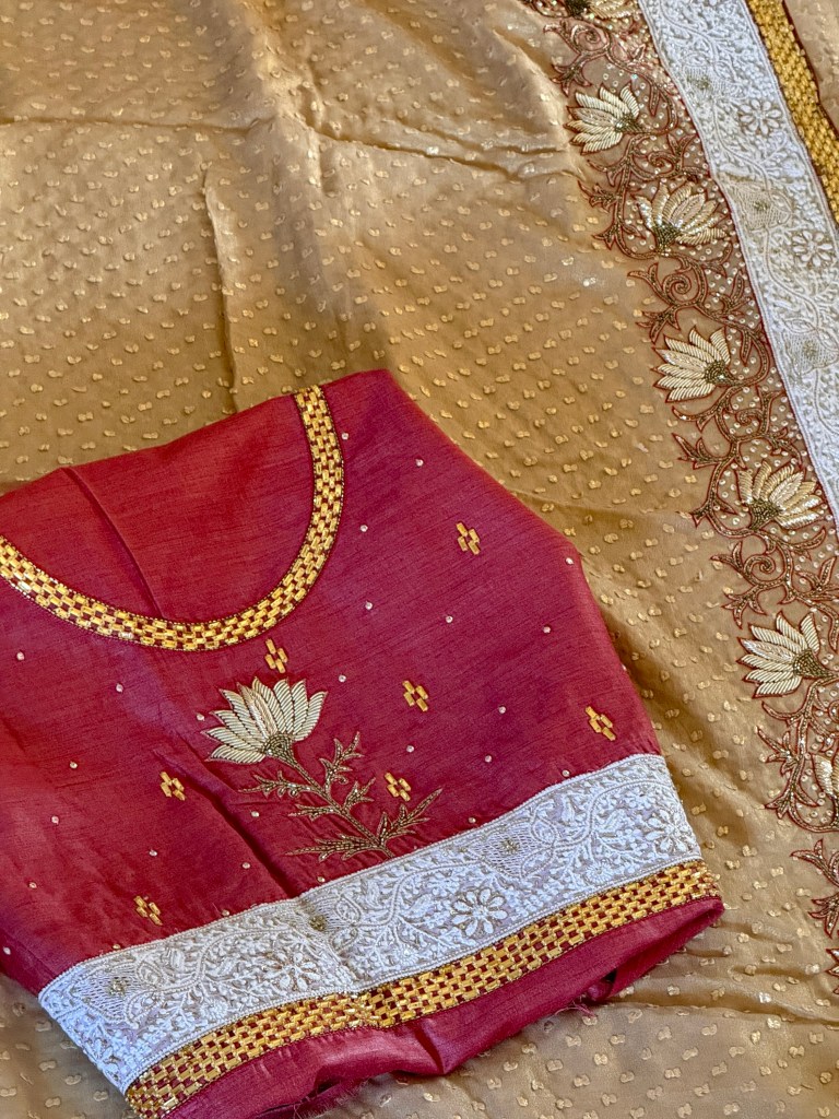 Antique gold jacquard pure georgette saree & red pure silk blouse with handcrafted chikankari & rich zardozi work - ‘a master craftsman piece’