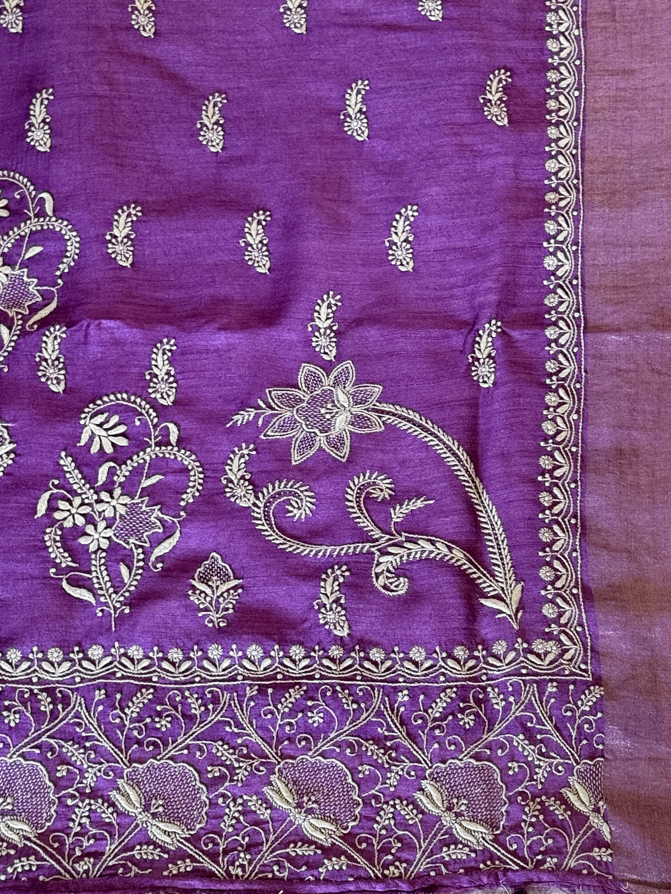 Regal grape purple pure Muga silk chikankari saree - Image 2
