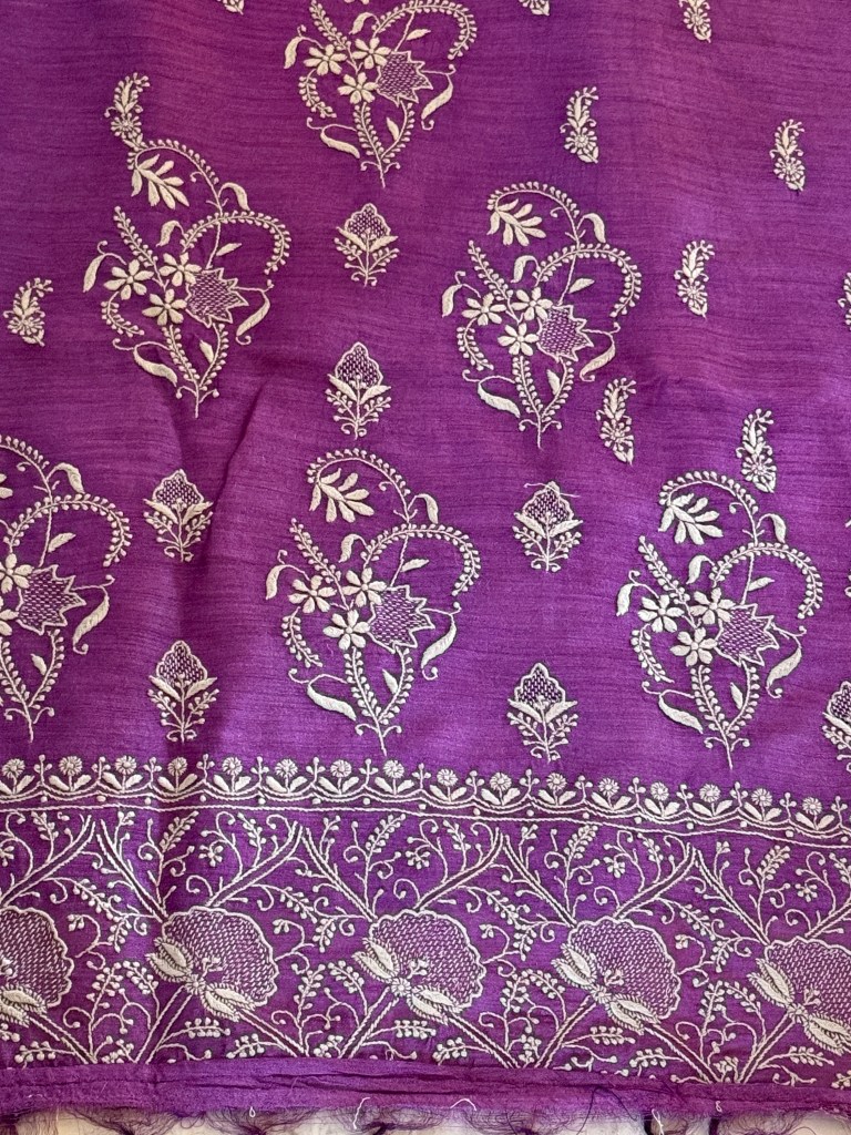Regal grape purple pure Muga silk chikankari saree