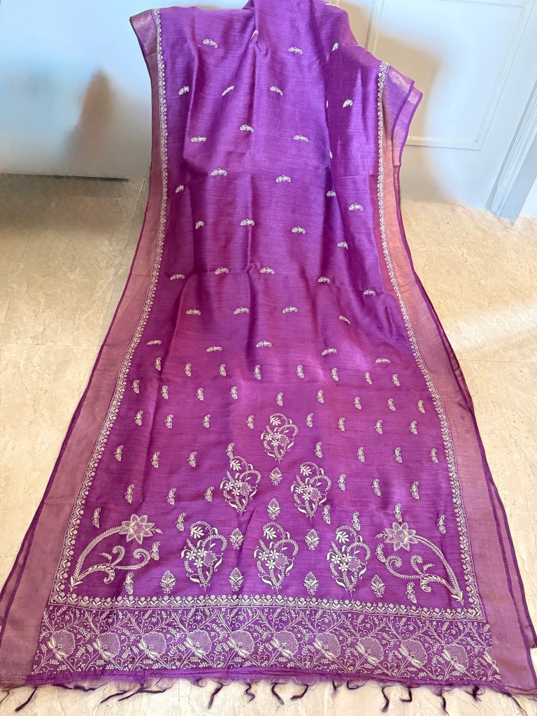Regal grape purple pure Muga silk chikankari saree