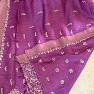 Regal grape purple pure Muga silk chikankari saree - Image 4