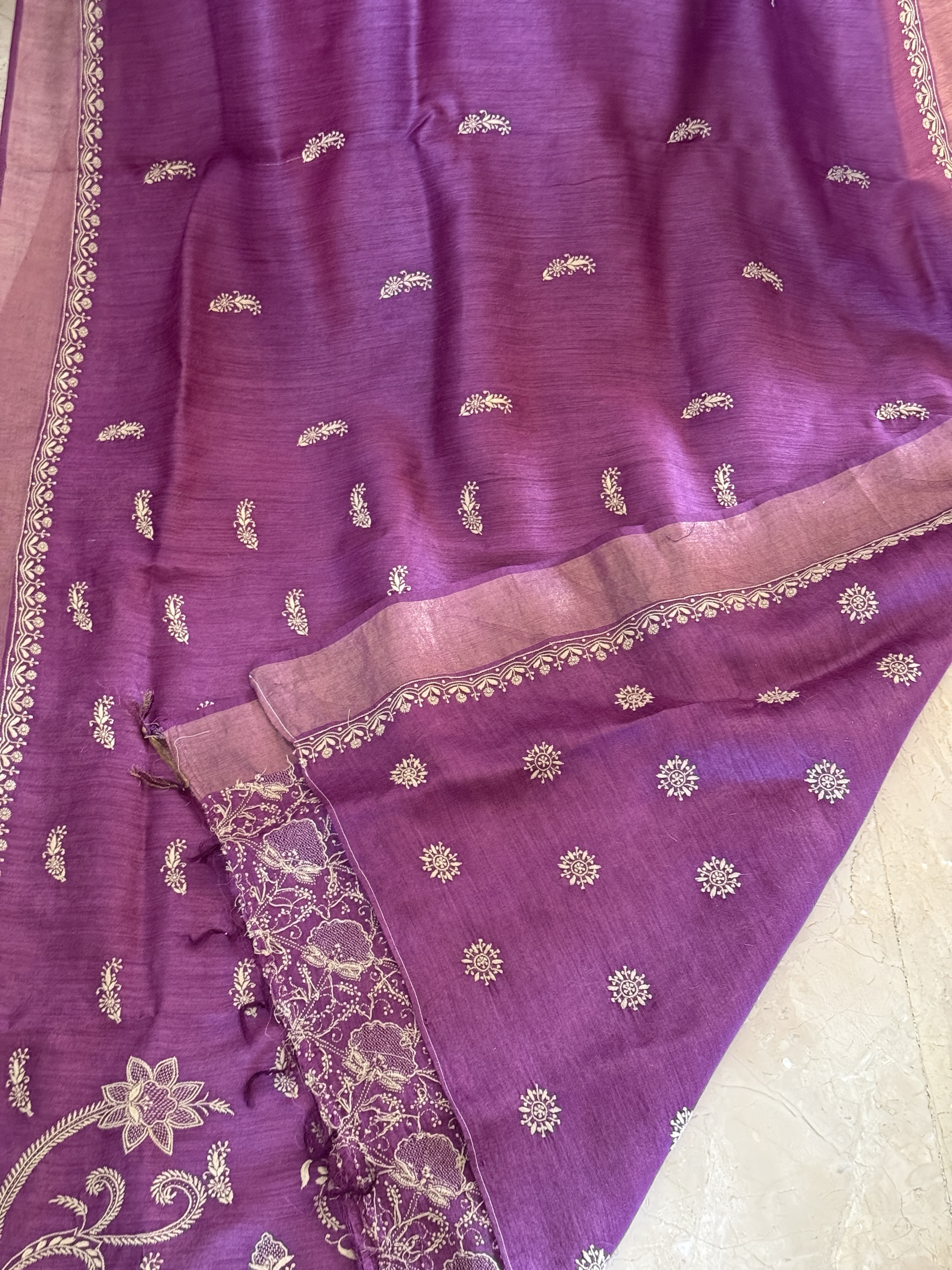 Regal grape purple pure Muga silk chikankari saree - Image 4
