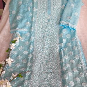 Maya blue cotton voil chikankari kurti