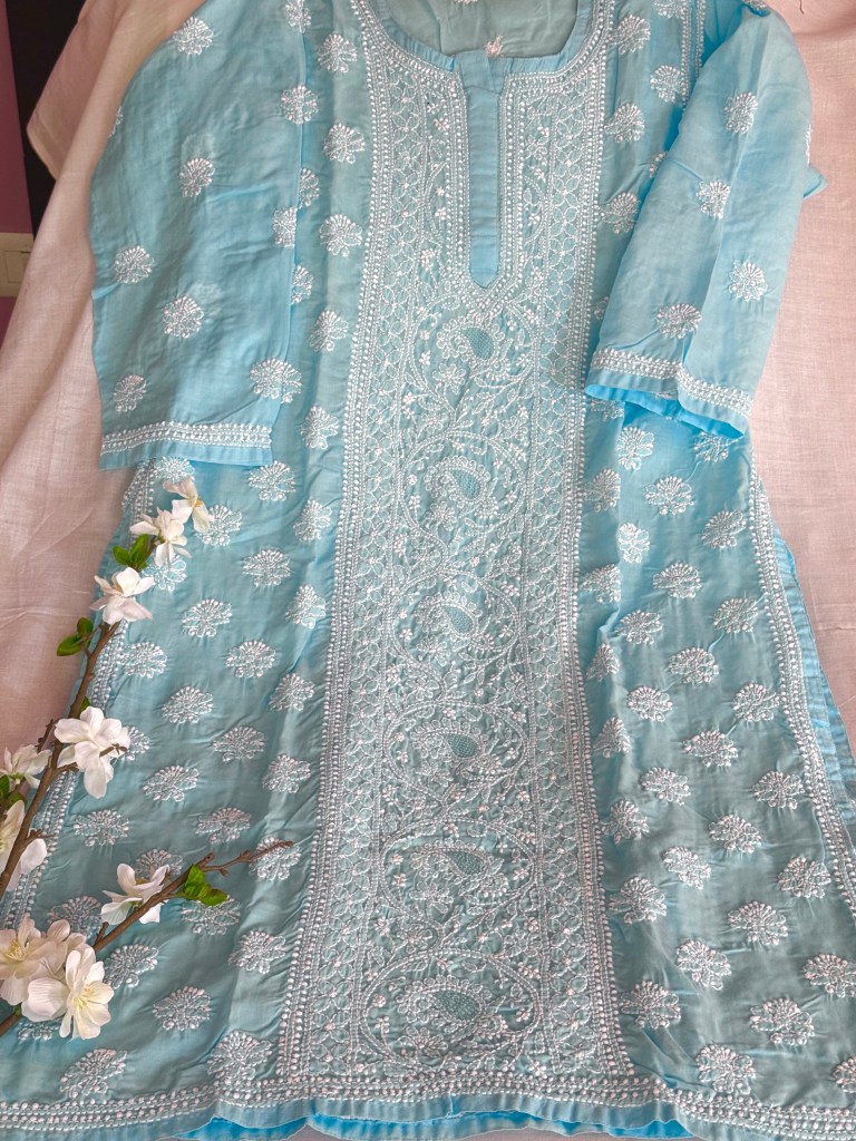 Maya blue cotton voil chikankari kurti