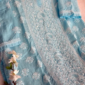 Maya blue cotton voil chikankari kurti - Image 4