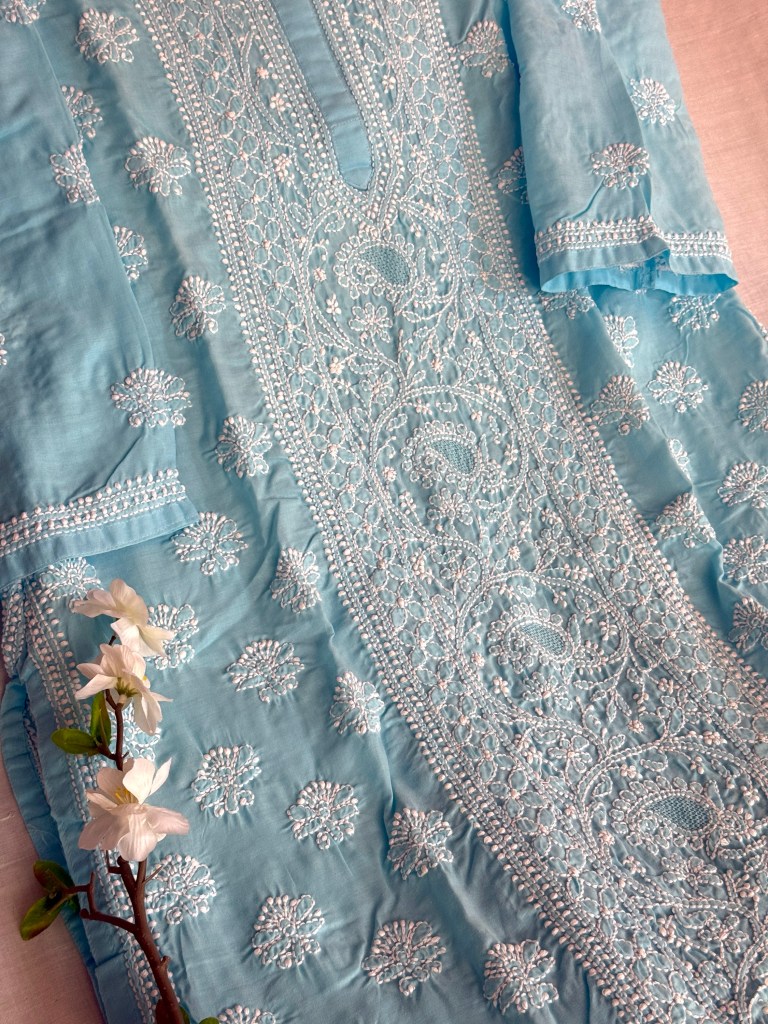 Maya blue cotton voil chikankari kurti