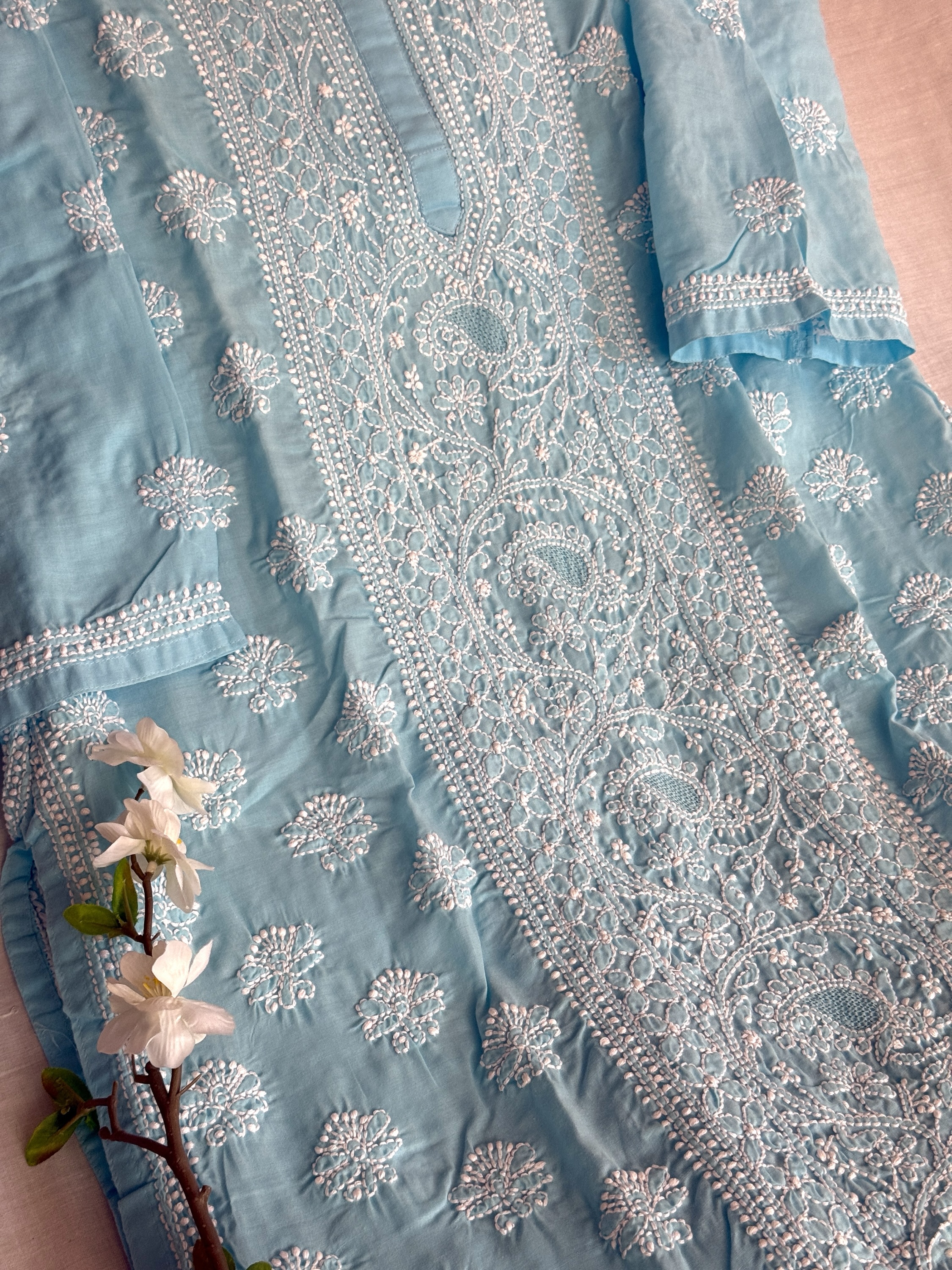 Maya blue cotton voil chikankari kurti - Image 4