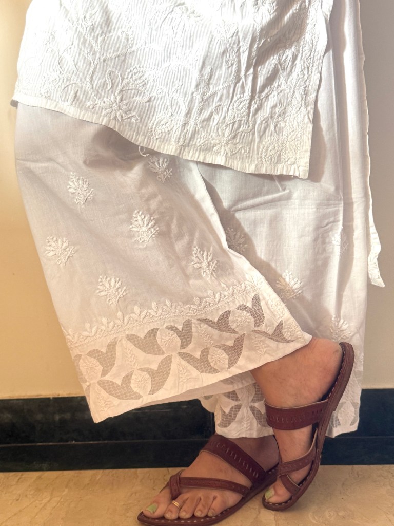 Breezy summer essential white pure cotton pants with applique detailing - free size