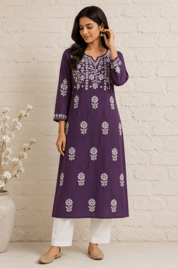 Iris purple pure cotton Chikankari kurti