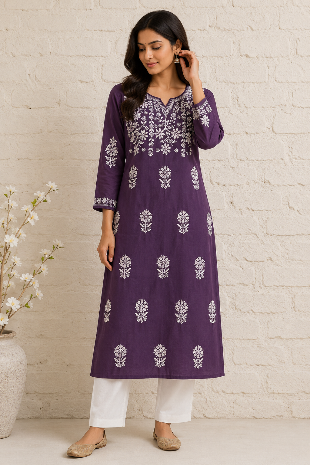 Iris purple pure cotton Chikankari kurti - Image 1