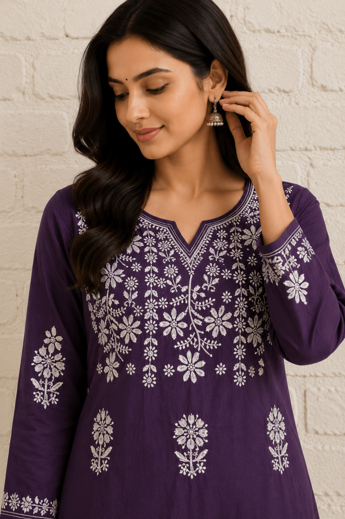 Iris purple pure cotton Chikankari kurti