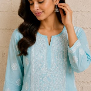 Maya blue cotton voil chikankari kurti - Image 2