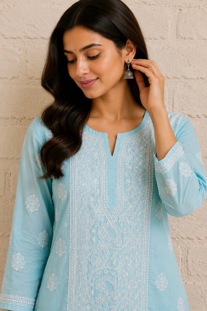 Maya blue cotton voil chikankari kurti