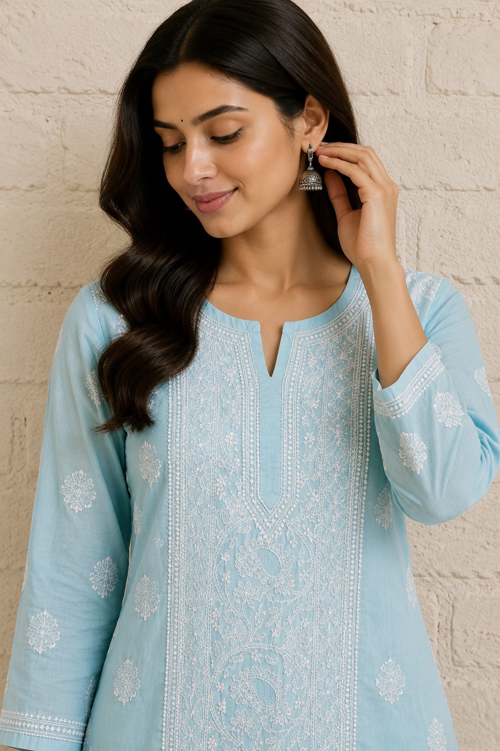 Maya blue cotton voil chikankari kurti - Image 2