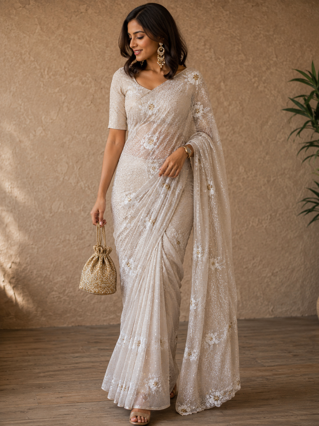 Classic ivory & gold handcrafted mukaish work saree with blouse. A master craftsman piece. - Image 1