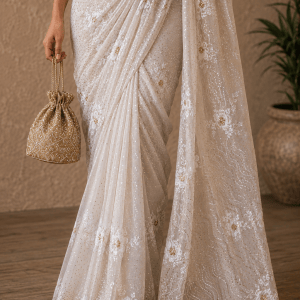 Classic ivory & gold handcrafted mukaish work saree with blouse. A master craftsman piece. - Image 2