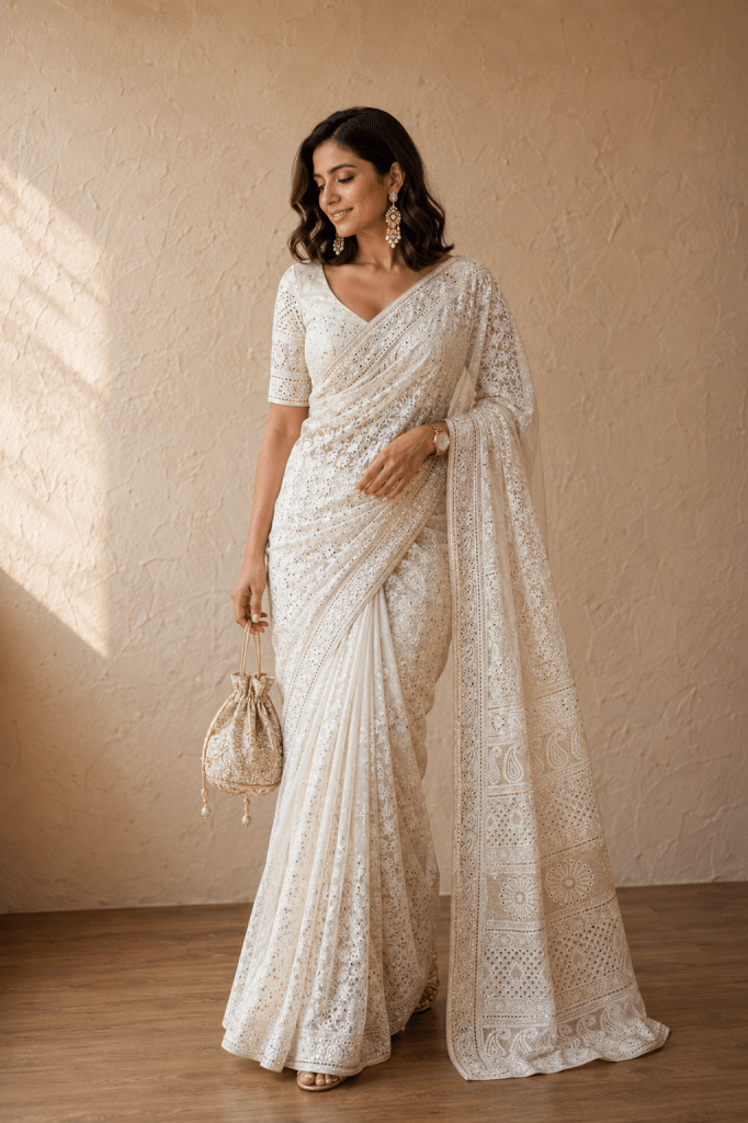 Ivory & gold pure georgette Jaali work jaal Chikankari saree with blouse. A master craftsman piece.