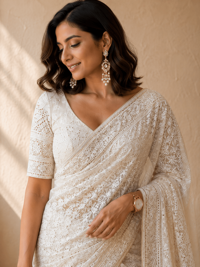 Ivory & gold pure georgette Jaali work jaal Chikankari saree with blouse. A master craftsman piece.