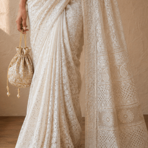 Ivory & gold pure georgette Jaali work jaal Chikankari saree with blouse. A master craftsman piece. - Image 2