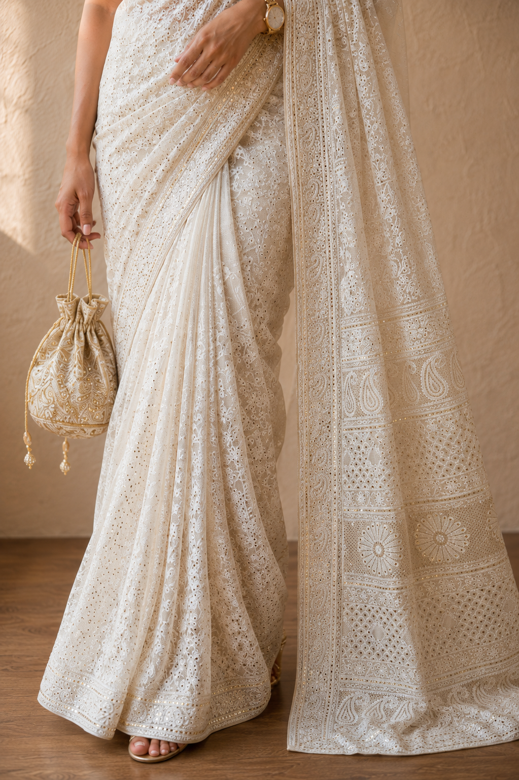 Ivory & gold pure georgette Jaali work jaal Chikankari saree with blouse. A master craftsman piece. - Image 2