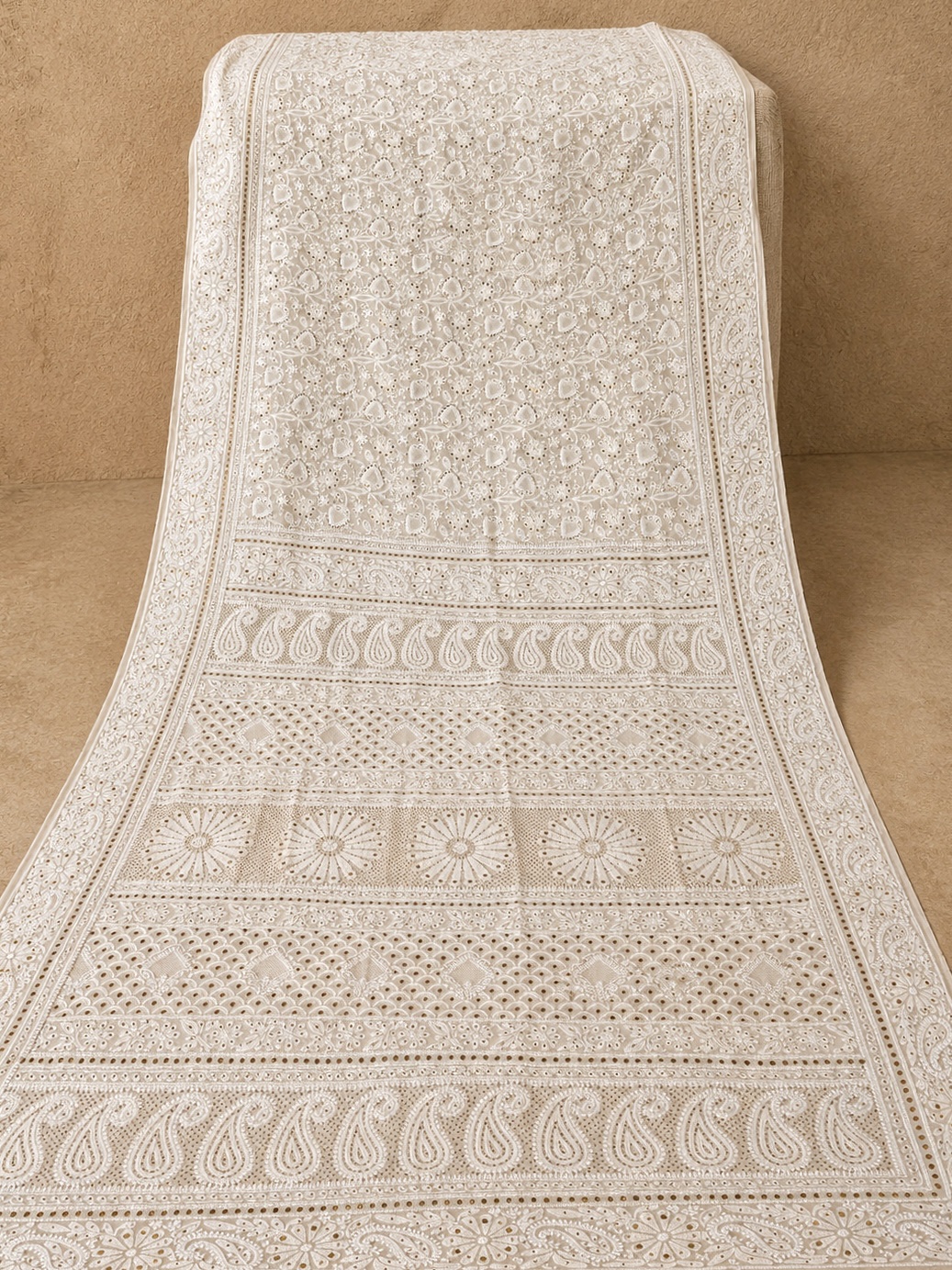 Ivory & gold pure georgette Jaali work jaal Chikankari saree with blouse. A master craftsman piece. - Image 4
