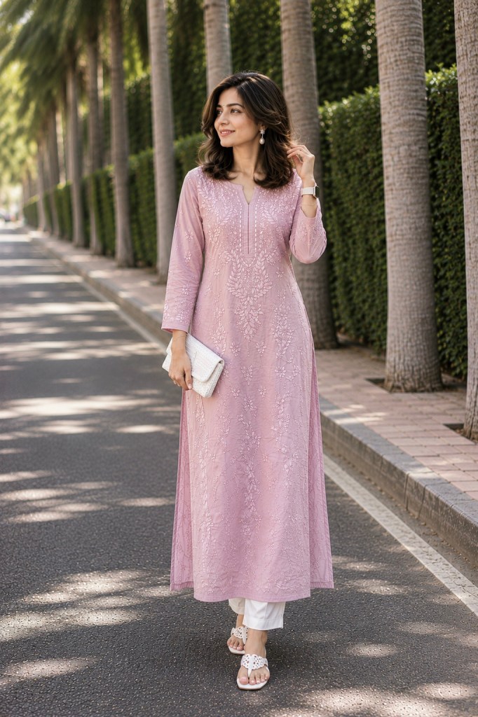 Dusty rose modal silk Chikankari kurti