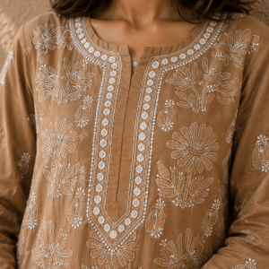 Camel Brown cotton voil Chikankari kurti - Image 2