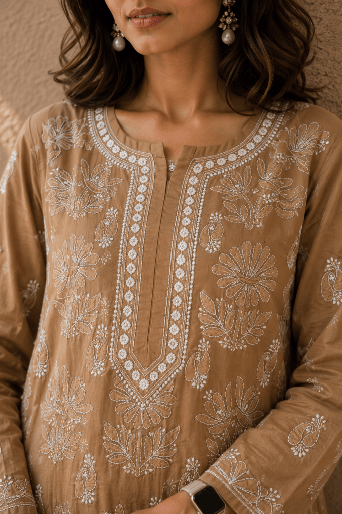 Camel Brown cotton voil Chikankari kurti