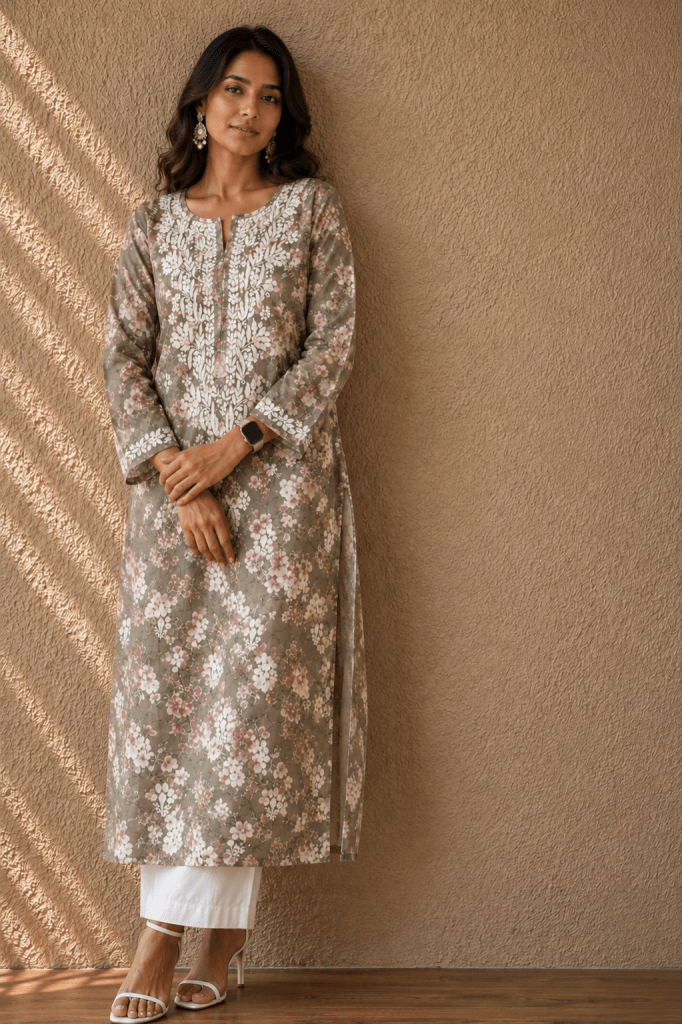 Ash grey floral mulmul cotton kurti