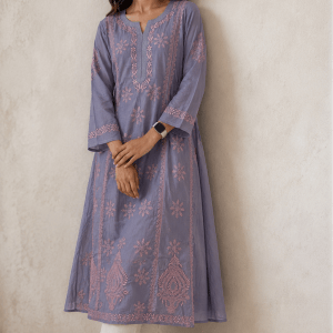 Grey & pink A-line pure cotton kurti - Image 1
