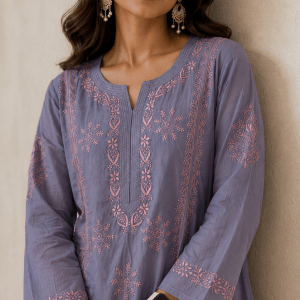 Grey & pink A-line pure cotton kurti - Image 2