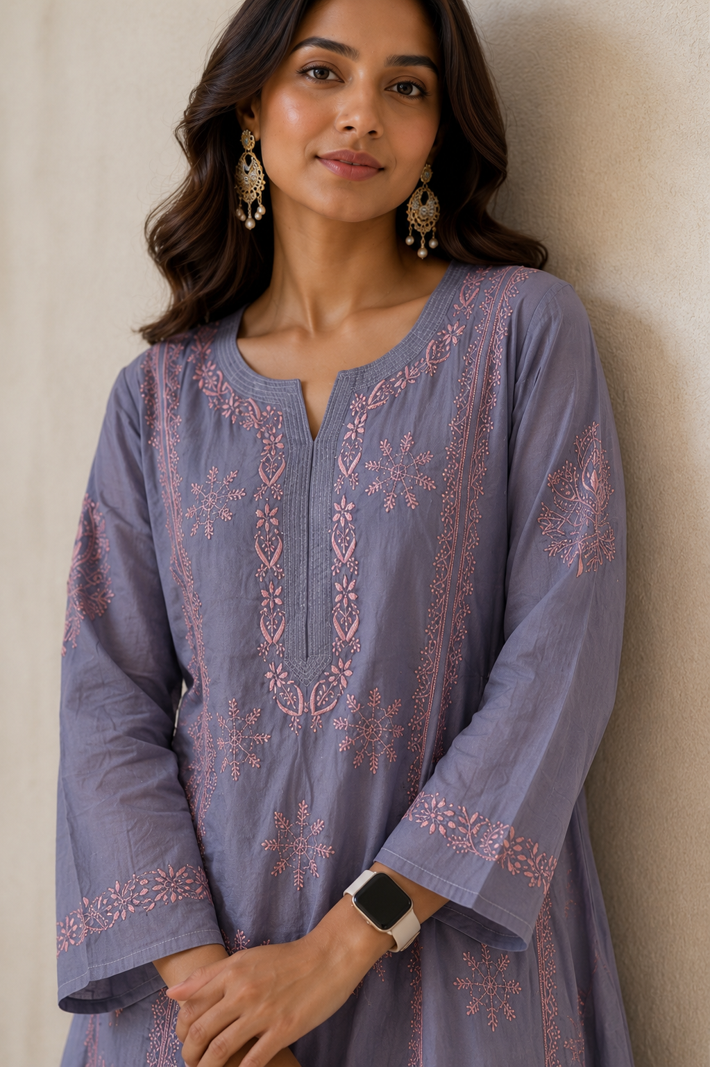 Grey & pink A-line pure cotton kurti - Image 2