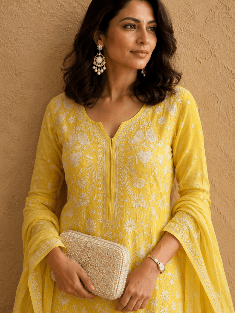 Canary yellow Chanderi mulmul Chikankari kurta dupatta set with cut dana work