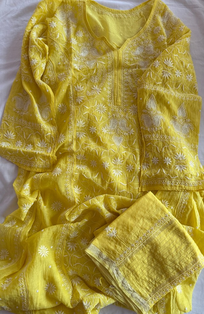 Canary yellow Chanderi mulmul Chikankari kurta dupatta set with cut dana work