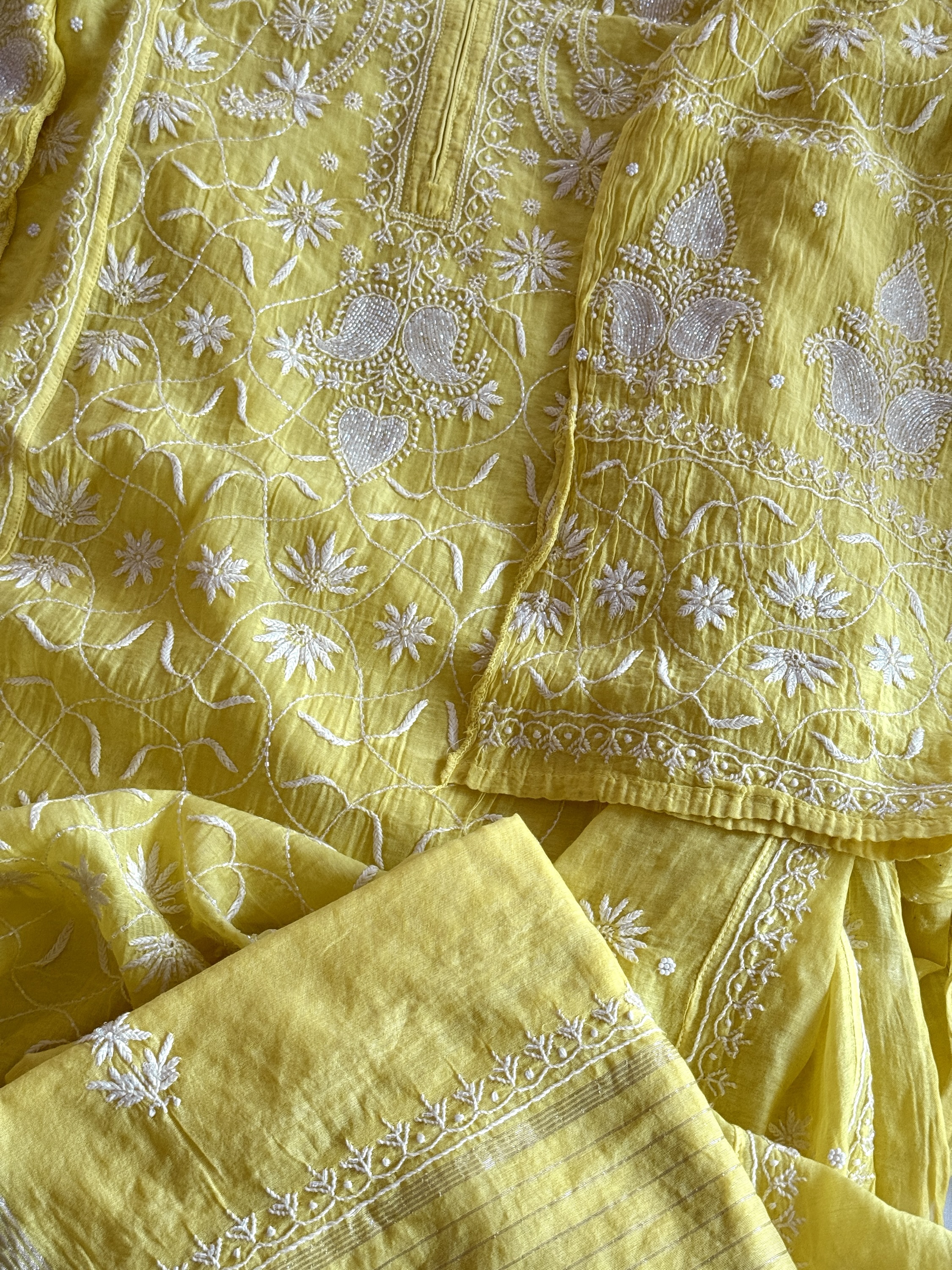 Canary yellow Chanderi mulmul Chikankari kurta dupatta set with cut dana work - Image 4