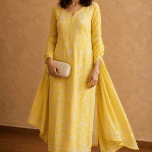 Canary yellow Chanderi mulmul Chikankari kurta dupatta set with cut dana work - Image 3