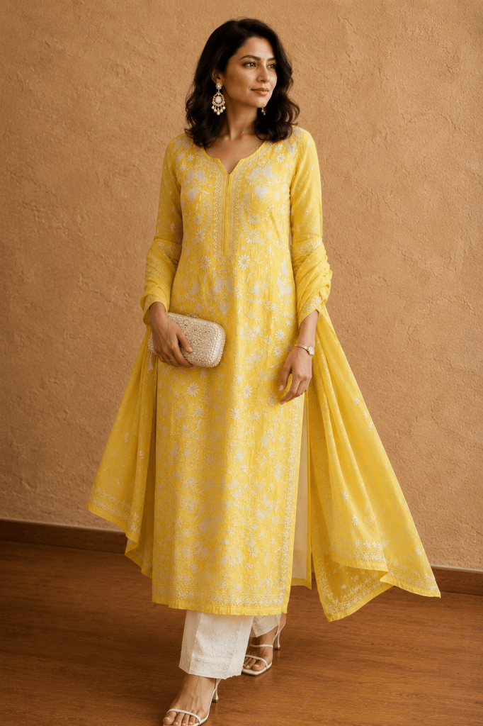 Canary yellow Chanderi mulmul Chikankari kurta dupatta set with cut dana work